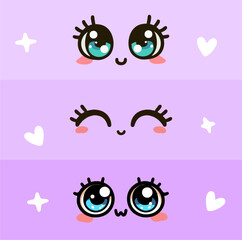 Kawaii manga style female cute eyes set. Drawing doll eyes, eyes for mascot. Beautiful eyes with female eyelashes.