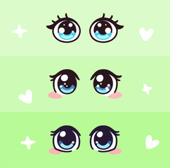 Kawaii manga style female cute eyes set. Drawing doll eyes, eyes for mascot. Beautiful eyes with female eyelashes.