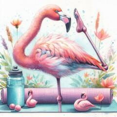 watercolor pastel of a flamingo doing a sport trick