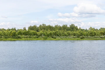 water with waves in the river in summer with green grass