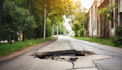 city street with potholes, revealing the wear and tear of time on damaged asphalt pavement