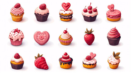 Cupcakes with hearts and berries. Vector illustration of sweet desserts.