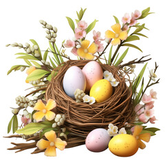 Easter themed clip art eggs in a nest with flowers light theme pastel palette