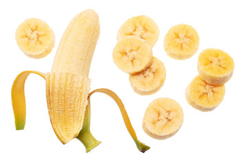 Set of baby bananas and banana slices on white background. File contains clipping paths.