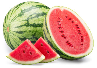Watermelon and water melon slices isolated on white background. File contains clipping path.