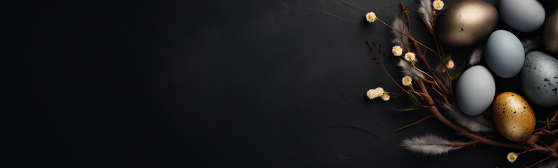 Easter theme dark theme background banner minimalistic charcoal wall with eggs and branches on the...