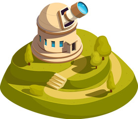 isometric observatory with telescope on a hill with a path, vector illustration