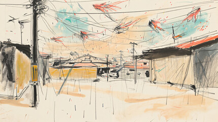 Hand drawn illustration of a street in the city. Abstract painting. 