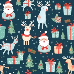 A seamless pattern of christmas gift,ballone ,santa, reindeer, flowers, pastel blackground