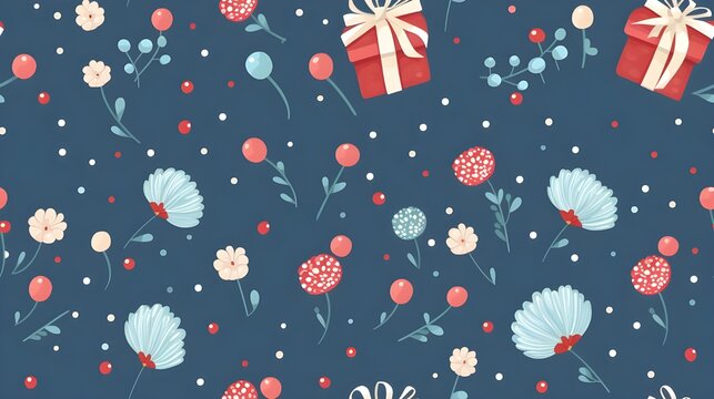 A seamless pattern of christmas gift,ballone ,santa, reindeer, flowers, pastel blackground