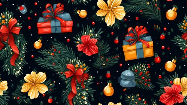 A seamless pattern of christmas gift,ballone ,santa, reindeer, flowers, pastel blackground