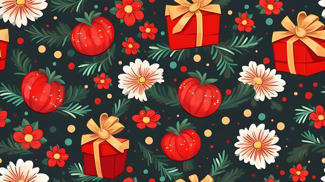 A seamless pattern of christmas gift,ballone ,santa, reindeer, flowers, pastel blackground