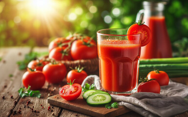 Tomato juice on wooden background blurred tomato garden background