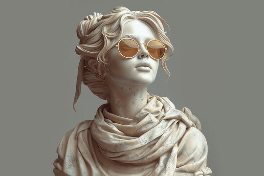 Portrait of marble statue wearing sunglasses on gray background close up side view.