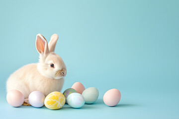 Fototapeta na wymiar Cute Easter rabbit with colorful eggs on pastel blue background. Easter soft light minimalistic concept with copy space. Pet for background, poster, greeting card, print, banner, flyer