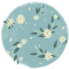 Fototapeta na wymiar Ilustración floral de margaritas blancas con hojas verdes y fondo azul circular