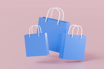 3D Minimal blue Paper bags or shopping bags icon isolated on pink background. 3D Online shopping concept. e-commerce online concept. 3d shopping bag minimal cartoon design creative icon. 3d rendering.