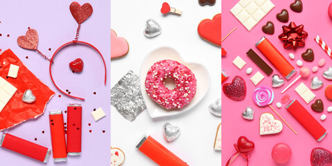 Collage of tasty sweets and gift for Valentine's Day on color background, top view