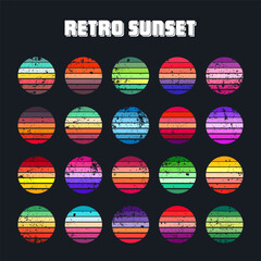 Grunge vintage sunset collection. Colorful striped sunrise badges in 80s and 90s style. Sun and ocean view, summer vibes, surfing. Design element for print, logo or t-shirt. Vector illustration
