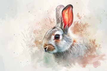 A domestic rabbit with fiery red ears stands out among the natural hues of its surroundings, captured in a stunning painting that embodies the vibrancy and uniqueness of this beloved mammal