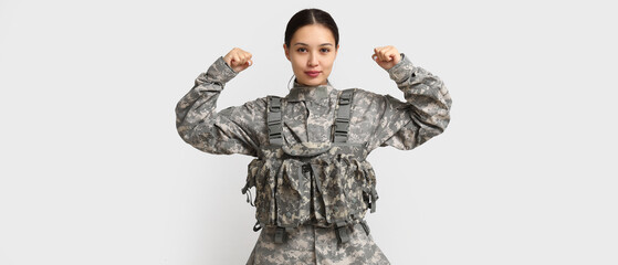 Female soldier on white background. Feminism concept