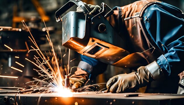 Mechanic or welder welds metal materials together by hand using a welding machine according to a design plan -ai generated