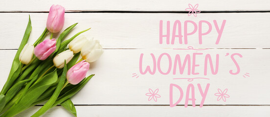 Greeting banner for International Women's Day celebration with bouquet of tulips