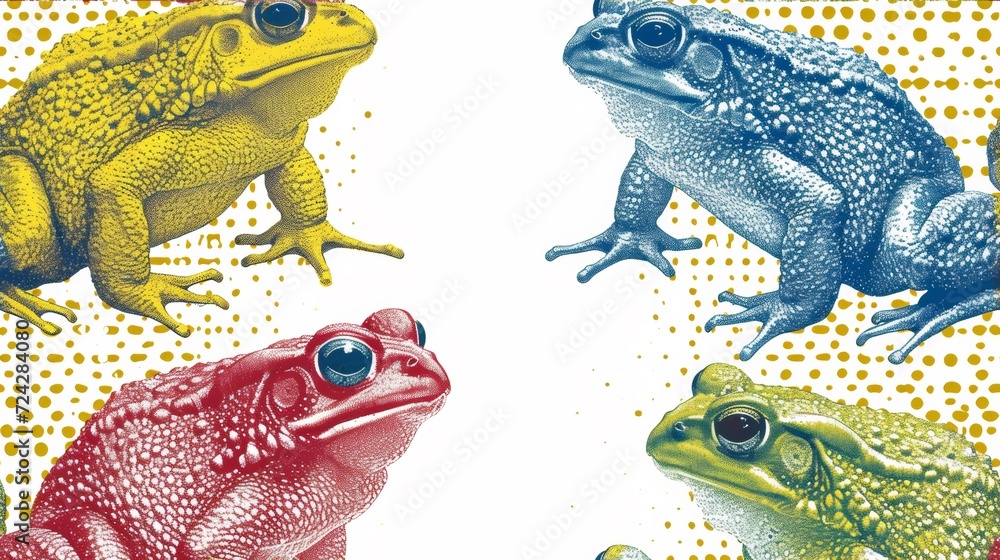 Poster a pattern of four frogs with different colors and patterns, ai