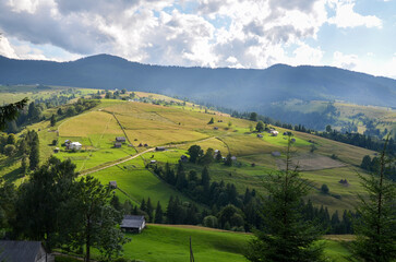 Picturesque mountain landscape with green meadows and rural houses located on the hills. Green forests cover the mountains and slopes in the background. Carpathians, Ukraine