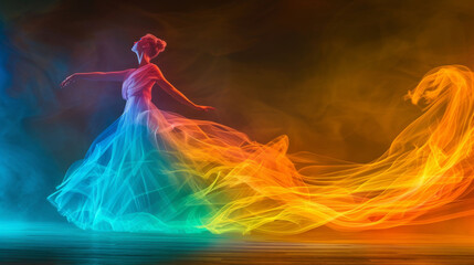 Fototapeta na wymiar Graceful Dancer Enveloped in Swirling Rainbow Hues of Light