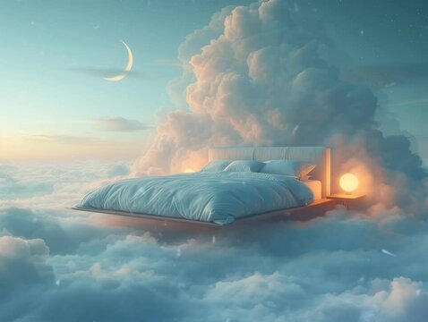a bed above the clouds with a crescent moon behind it
