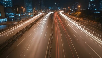 Fototapeta na wymiar Cars lights on the road of modern city at night time. Timelapse, hyperlapse of transportation. Motion blur, light trails, abstract soft glowing lines created with generative ai 