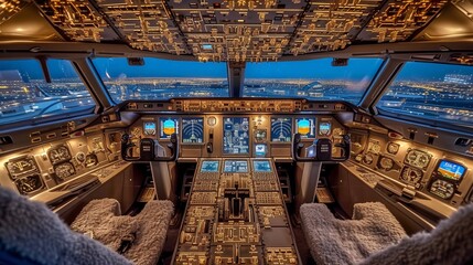 Evening flight  pilot in civil airplane cockpit operating control panel with dashboard and equipment