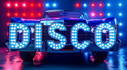 disco background with vintage car in shiny blue and purple neon lighting, disco party, nightclub