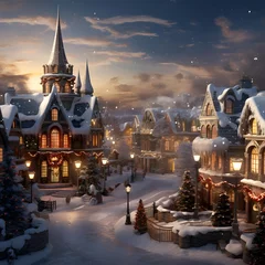 Türaufkleber Snowy winter night in a small town. Christmas landscape. 3d illustration © Iman