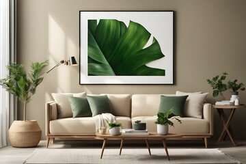 Serene Interiors: Living Room Wall Poster Mockup in Natural Calm Style