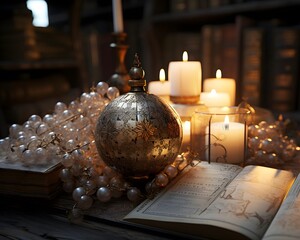 Old books, candlesticks and candles on a wooden background.