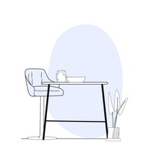 Flat illustration of cafe or home interior close up with tall table and chair with food on the table. Line art with minor light blue colour.