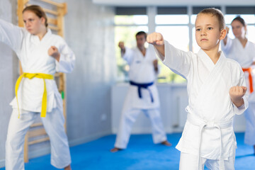 Obraz premium Boy in kimono performing punch moves in gym during group training with trainer, in background his family is doing kata moves