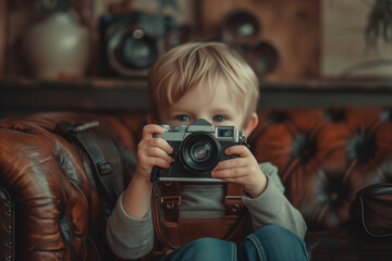 child with a vintage camera - obrazy, fototapety, plakaty