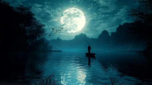 the image of a person fishing from a boat at night. seamless looping time-lapse virtual 4k video animation background.