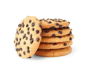 Stack of tasty cookies with chocolate chips on white background