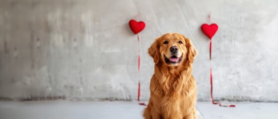 Golden retriever dog sits on a white surface next to red hearts