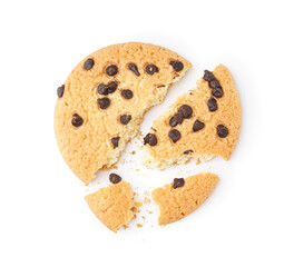 Tasty broken cookie with chocolate chips on white background