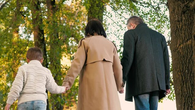 Family hand in hand proceeds across nice park with trees. Family amid grandeur of park joins hands while walk. Family in ambiance of park adorned with trees enjoys stroll while holding hands