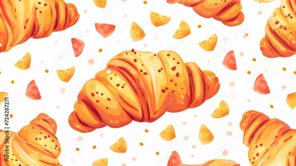 Poster a pattern of a seamless image with croissants and orange slices, ai