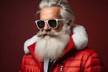 fashionable respectable man with a white beard, glasses and red clothes. portrait of a metrosexual and a successful man