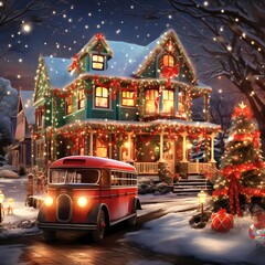 Vintage bus in front of christmas house with christmas lights
