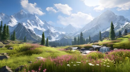 Panoramic view of alpine meadow with flowers and snow covered mountains