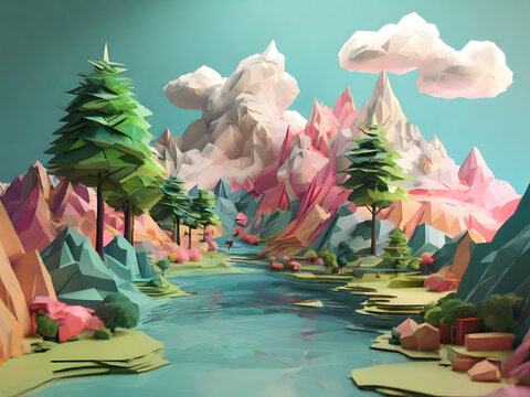 Pastel-colored low polygon landscape featuring clouds, water, and natural surroundings. Mountains backdrop with a sunset ambiance. 3D rendering illustration ideal as wallpaper or design background